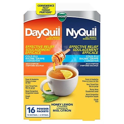Remède chaud DayQuil/NyQuil, soulage les symptômes du rhume, grippe, congestion, format pratique, jour/nuit, soulage la fièvre, maux de tête, mal de gorge, congestion nasale et toux, action multiple, saveur miel citron, 16 sachets de poudre 16CT