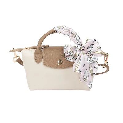 Sac à main mini satchel Time & Tru, blanc et beige en color-block, design léger avec foulard amovible à imprimé floral, bandoulière réglable, poche intérieure zippée