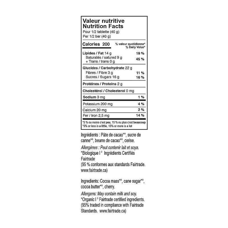 BARRE CHOCOLAT NOIR 60% ÉCLATS DE CERISE Tablette de chocolat noir 60% cerise