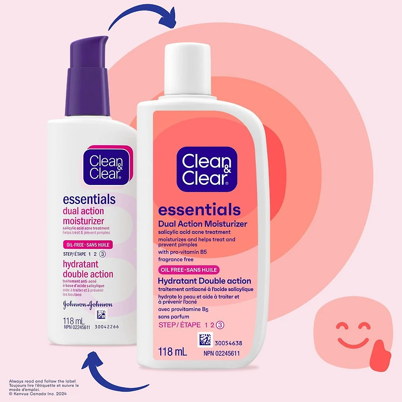 Clean & Clear Essentials Dual Action Moisturizer, Oil-Free, Salicylic Acid Acne Treatment with Pro-Vitamin B5 Moisturizes While Helping to Treat Acne & Prevent Pimples, 118 mL