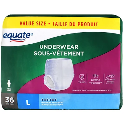 Equate Women’s Maximum Absorbency Protective Underwear, Large, 36 pairs