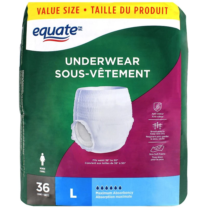 Equate Women’s Maximum Absorbency Protective Underwear, Large, 36 pairs