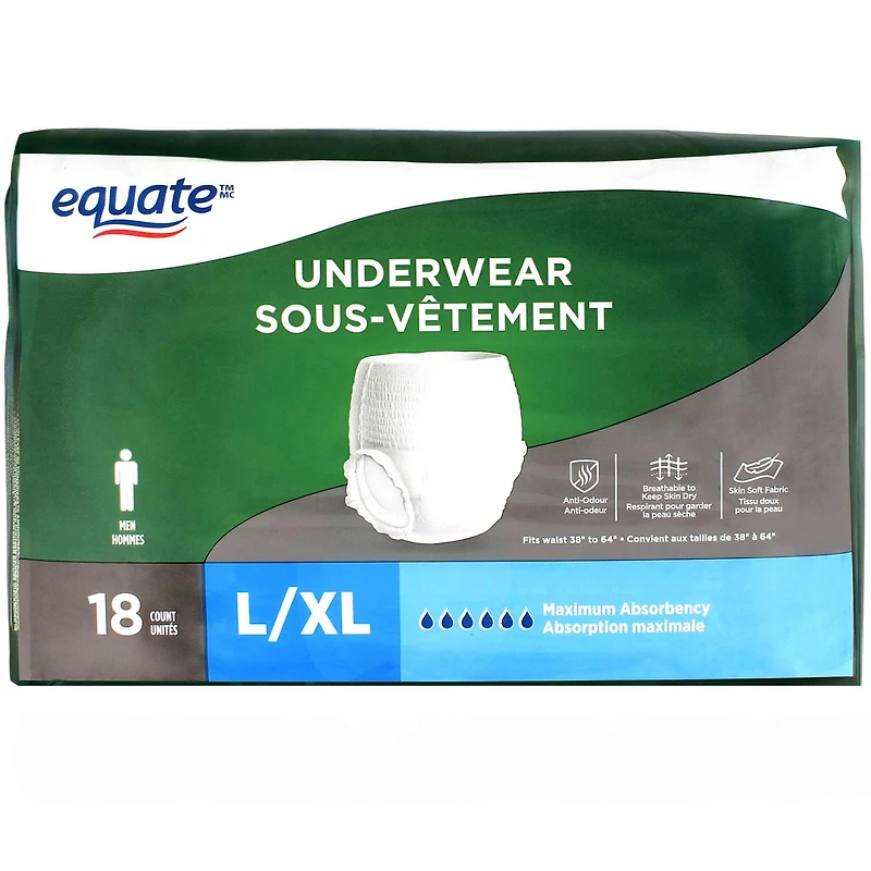 Equate Men’s Maximum Absorbency Protective Underwear, Large/Extra-Large, 18 pairs