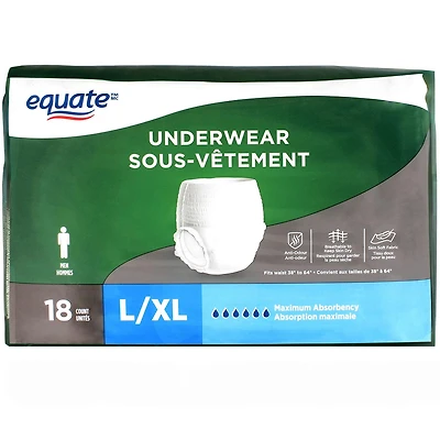 Sous-vêtements de protection à absorption maximale pour hommes Equate, Grand/Très grand 18 paires