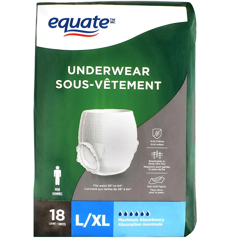 Equate Men’s Maximum Absorbency Protective Underwear, Large/Extra-Large, 18 pairs