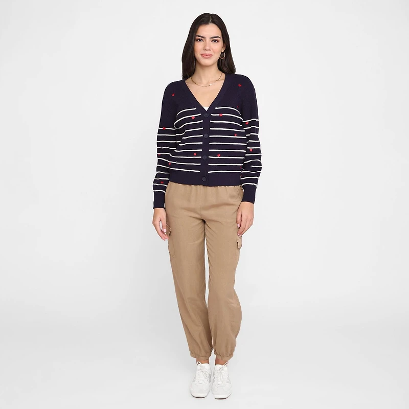 Devoted cardigan à manches longues rayé avec détails en forme de cœur