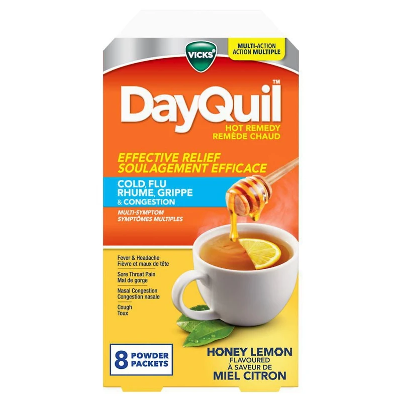 Remède chaud DayQuil, soulage les symptômes du rhume, grippe, congestion, soulagement de jour, sans somnolence pour fièvre et maux de tête, mal de gorge, congestion nasale, toux, action multiple, saveur miel citron, 8 sachets de poudre 8CT