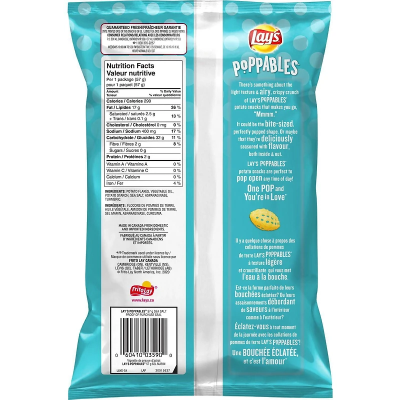 Lay’s Poppables Sea Salt flavoured potato snacks, 57g