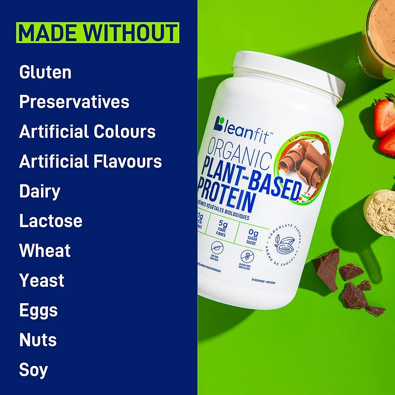 LEANFIT ORGANIC PLANT-BASED PROTEIN™ Chocolat 715 g – Protéines végétales biologiques en poudre, 21 g de protéines par portion, végétalien, sans gluten, sans soja, sans OGM, sans sucre, profil complet d’acides aminés