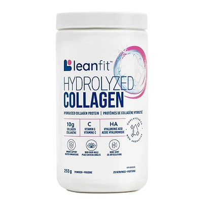 LEANFIT HYDROLYZED COLLAGEN™ Non aromatisé 253 g – 10 g de collagène (types I, III) issu de bovins nourris à l’herbe + vitamine C + acide hyaluronique par portion pour la santé de la peau, des cheveux, des os, des articulations et de l’immunité