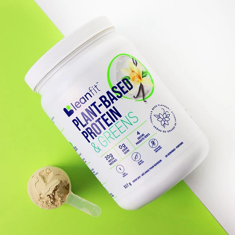 LEANFIT PLANT-BASED PROTEIN & GREENS™ Vanilla 517g - 20g Plant Protein + 4 Leafy Greens Per Serving, Vegan, Gluten-Free, Non-GMO, Soy-Free, No Sugar, Complete Amino Acid Profile, Size: 517g Tub (20 Servings)