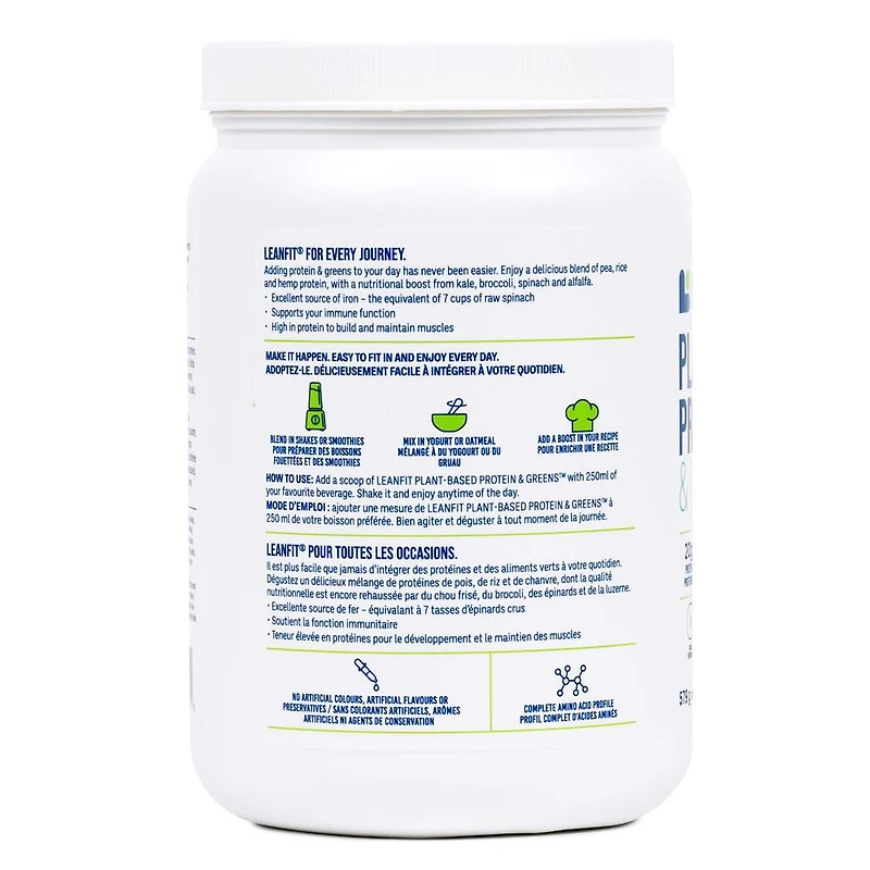 LEANFIT PLANT-BASED PROTEIN & GREENS™ Vanilla 517g - 20g Plant Protein + 4 Leafy Greens Per Serving, Vegan, Gluten-Free, Non-GMO, Soy-Free, No Sugar, Complete Amino Acid Profile, Size: 517g Tub (20 Servings)