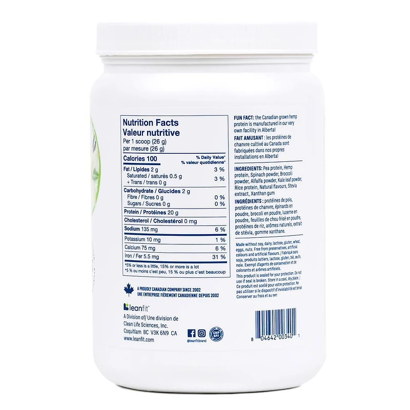 LEANFIT PLANT-BASED PROTEIN & GREENS™ Vanilla 517g - 20g Plant Protein + 4 Leafy Greens Per Serving, Vegan, Gluten-Free, Non-GMO, Soy-Free, No Sugar, Complete Amino Acid Profile, Size: 517g Tub (20 Servings)