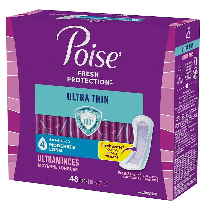 Poise Ultra Thin Incontinence Pads, 4 Drop Moderate Absorbency, Long Length, 48 Count