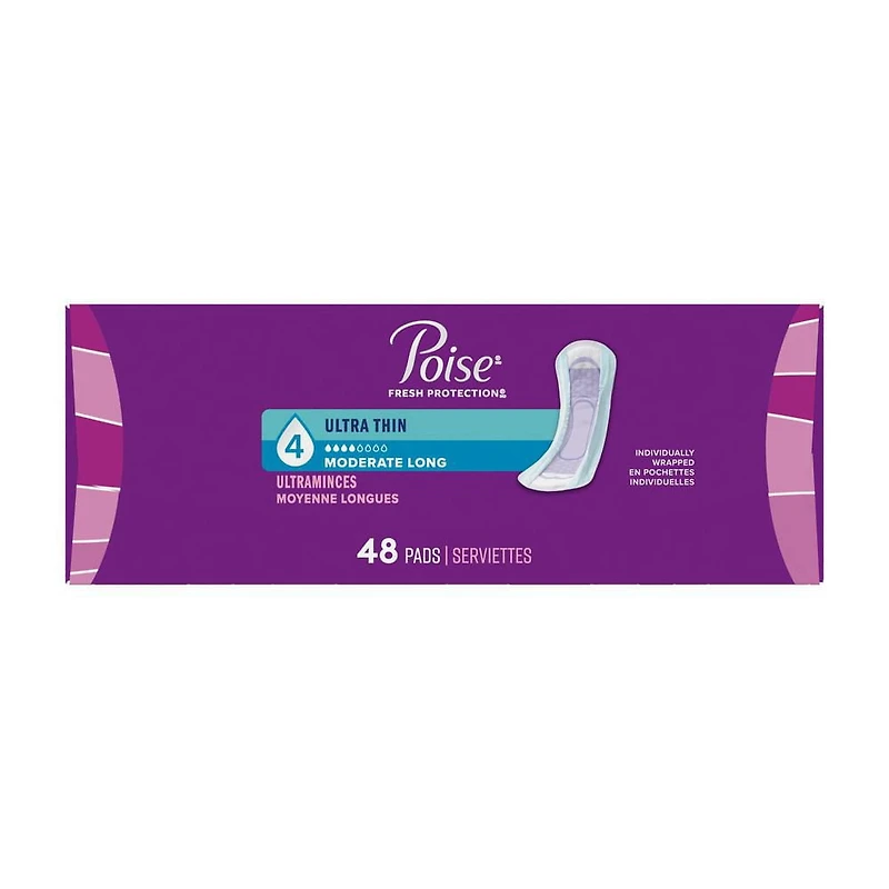 Poise Ultra Thin Incontinence Pads, 4 Drop Moderate Absorbency, Long Length, 48 Count