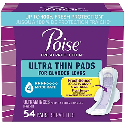Serviettes ultra minces pour incontinence Poise avec ailes, absorption moyenne, ordinaires, 54 serviettes
