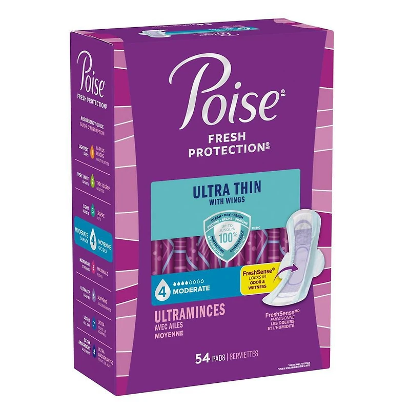 Serviettes ultra minces pour incontinence Poise avec ailes, absorption moyenne, ordinaires, 54 serviettes