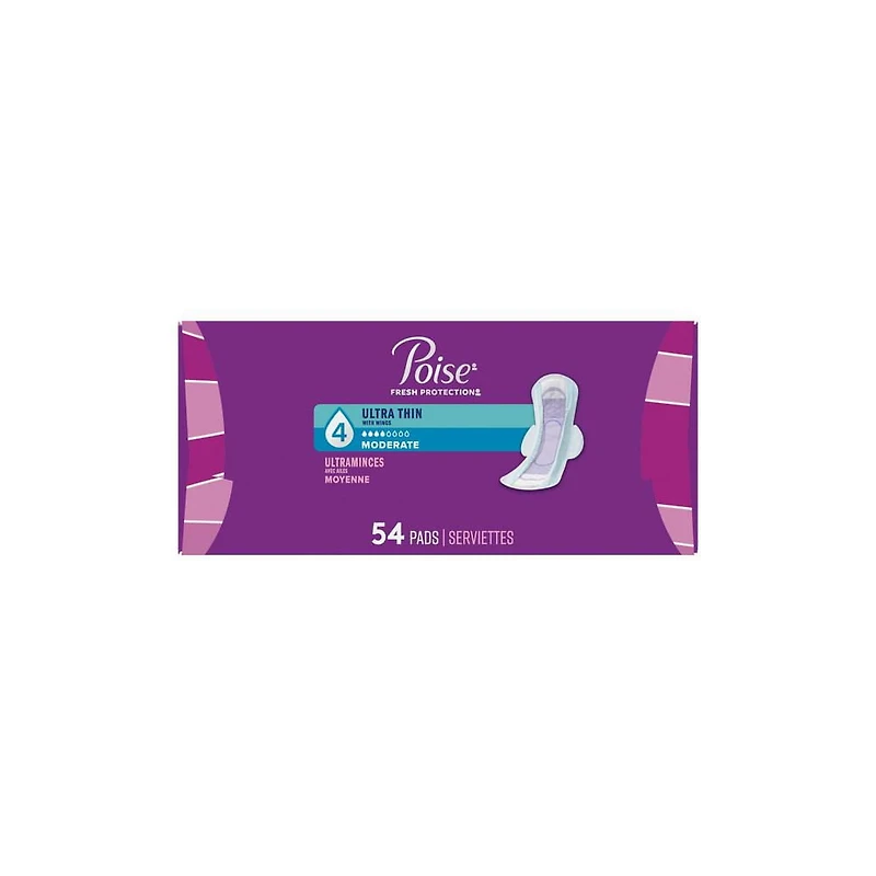 Serviettes ultra minces pour incontinence Poise avec ailes, absorption moyenne, ordinaires, 54 serviettes