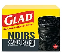 Sacs à ordures noirs de Glad, boîte de 40 sacs à ordures géants de 184 L