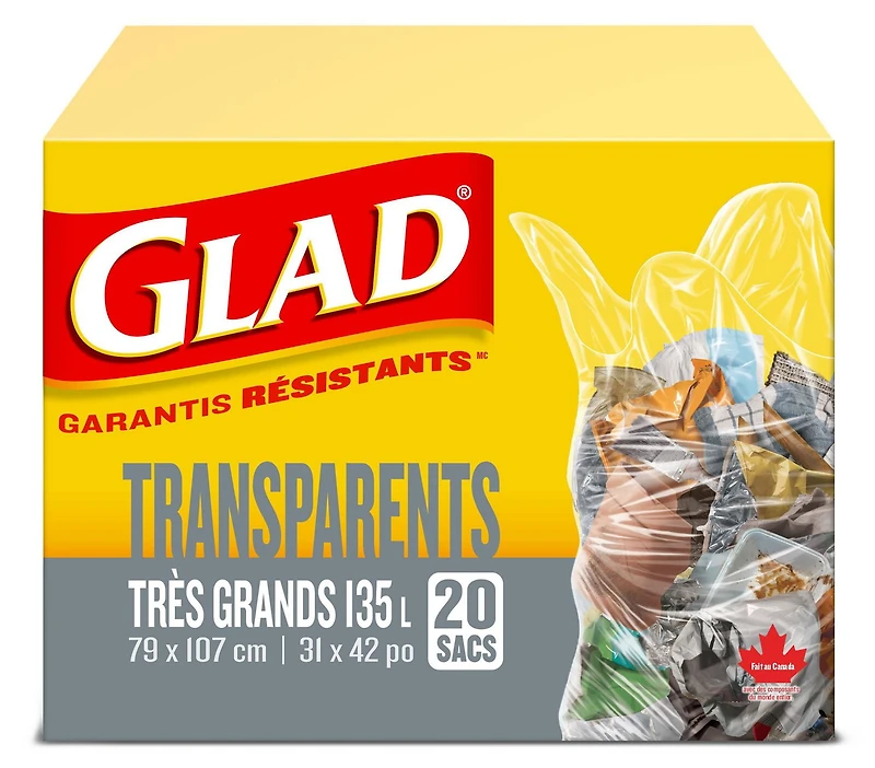 Sacs à ordures transparents de Glad, boîte de 20 très grands sacs à ordures de 135 L