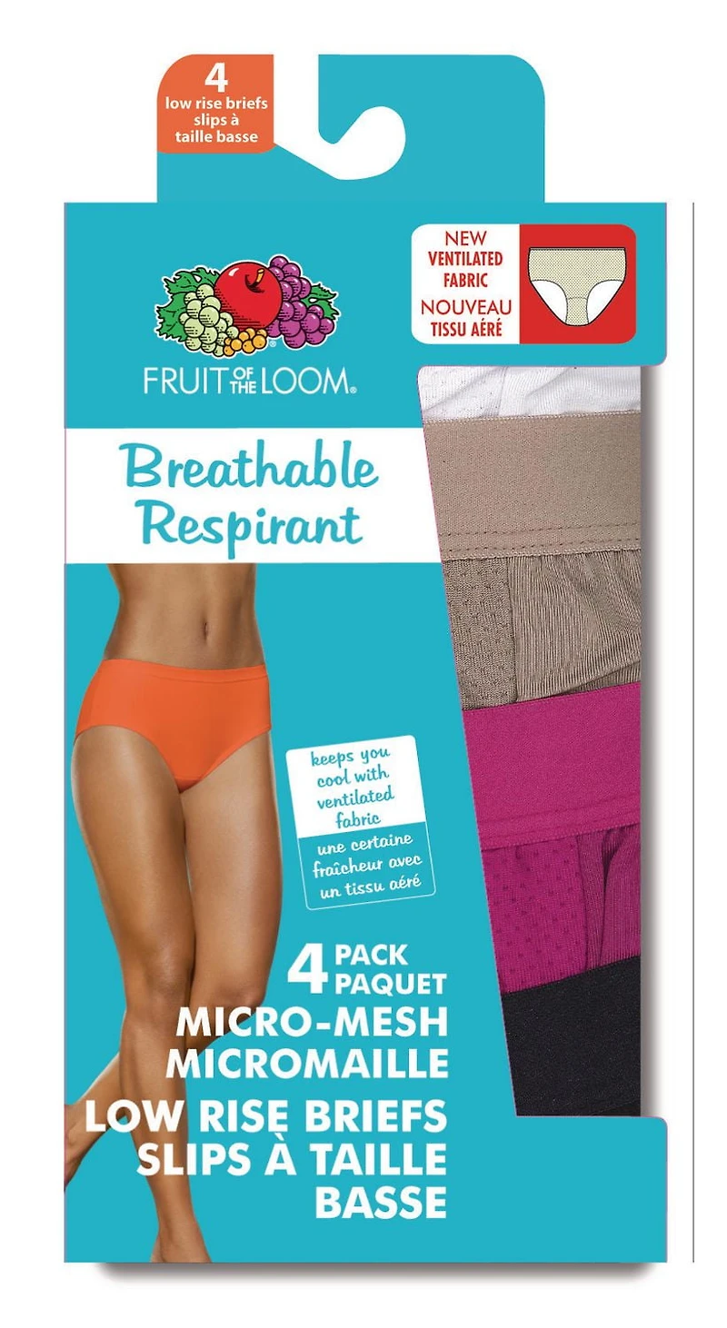 Paq. de 4 culottes respirantes à taille basse Fruit of the Loom pour dames Tailles 5 à 8