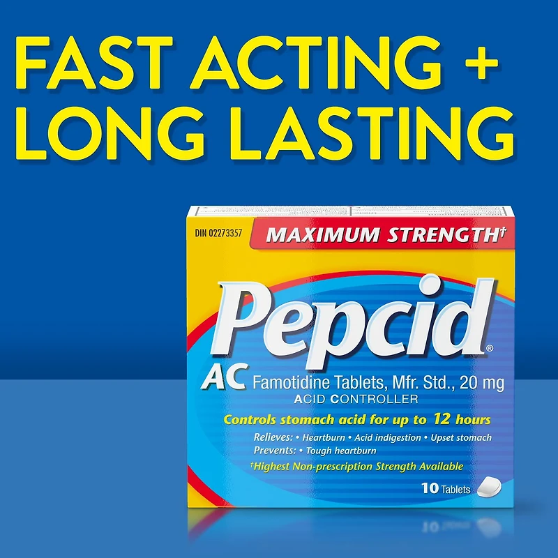 Médicament Pepcid AC Concentration maximale qui agit toute la journée contre l'indigestion acide, avec 20 mg de famotidine; acidoréducteur à action rapide qui prévient et soulage les brûlures d’estomac, format voyage de 10 comprimés 10 comprimés