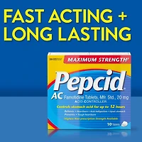 Médicament Pepcid AC Concentration maximale qui agit toute la journée contre l'indigestion acide, avec 20 mg de famotidine; acidoréducteur à action rapide qui prévient et soulage les brûlures d’estomac, format voyage de 10 comprimés 10 comprimés