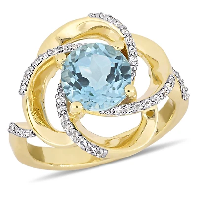 Bague de forme noeud d'amour Tangelo avec topazes bleue et blanches 2-35 CT PBT en argent sterling plaqué de rhodium jaune