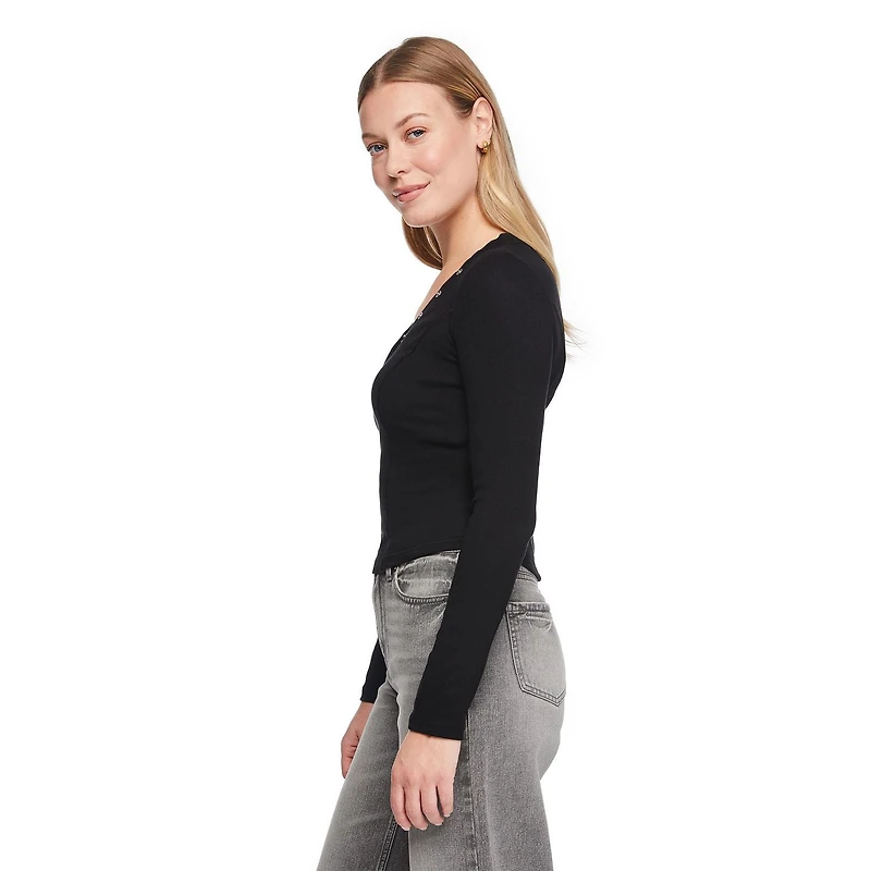 No Boundaries Women's Long-Sleeve Henley T-Shirt