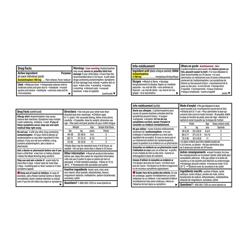 Poudre Tylenol Enfants Dissolution facile, Baie sauvage naturelle - Analgésique pour enfants, 160 mg d’acétaminophène