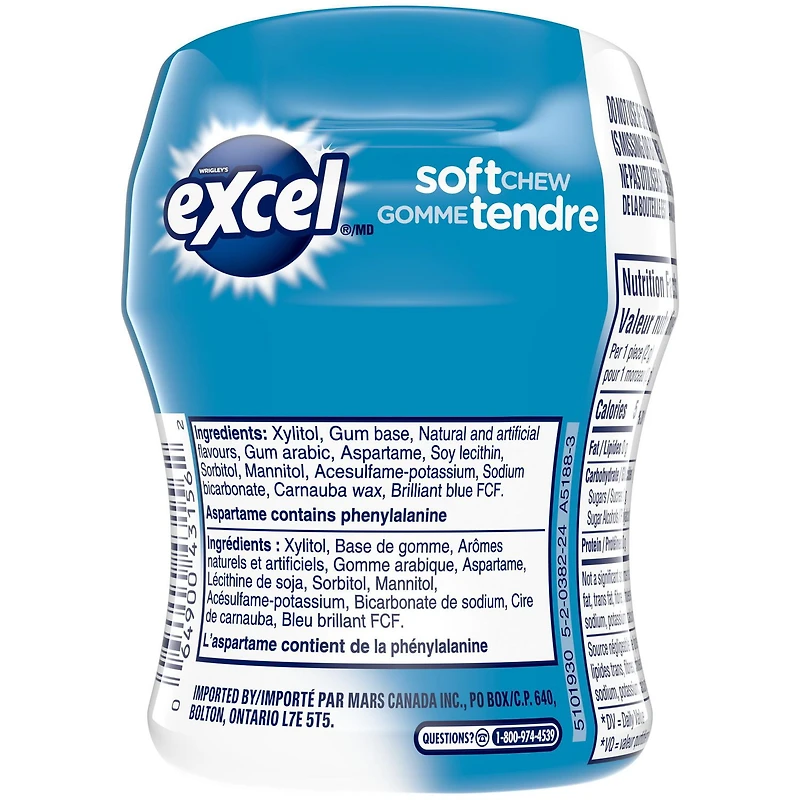 Gomme tendre Excel Menthe poivrée, sans sucre, bouteille, 40 morceaux
