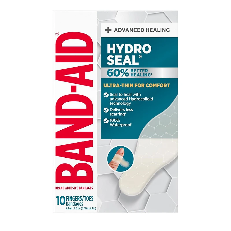Pansements hydrocolloïdes ultraminces Hydro Seal de marque Band-Aid pour une cicatrisation avancée, pansements adhésifs 100 % imperméables pour la protection des plaies, doigts et orteils, 10 unités