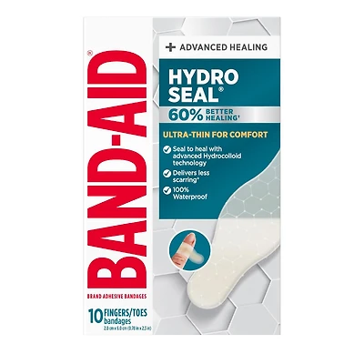 Pansements hydrocolloïdes ultraminces Hydro Seal de marque Band-Aid pour une cicatrisation avancée, pansements adhésifs 100 % imperméables pour la protection des plaies, doigts et orteils, 10 unités