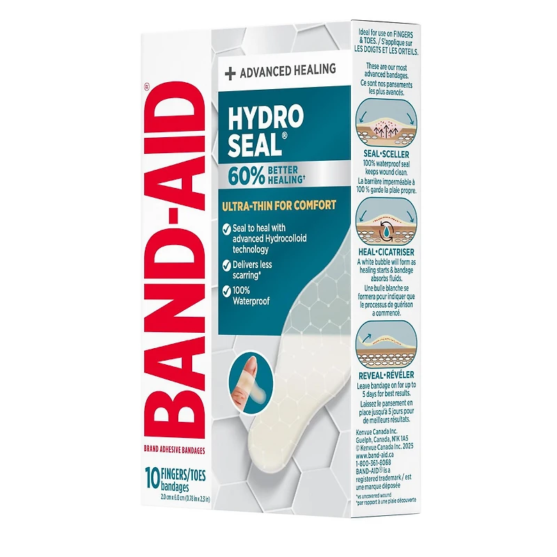 Band-Aid Brand Hydro Seal Ultra-Thin Hydrocolloid Bandages for Advanced Healing, 100% Waterproof Adhesive Bandages for Wound Protection, Fingers & Toes, 10 count