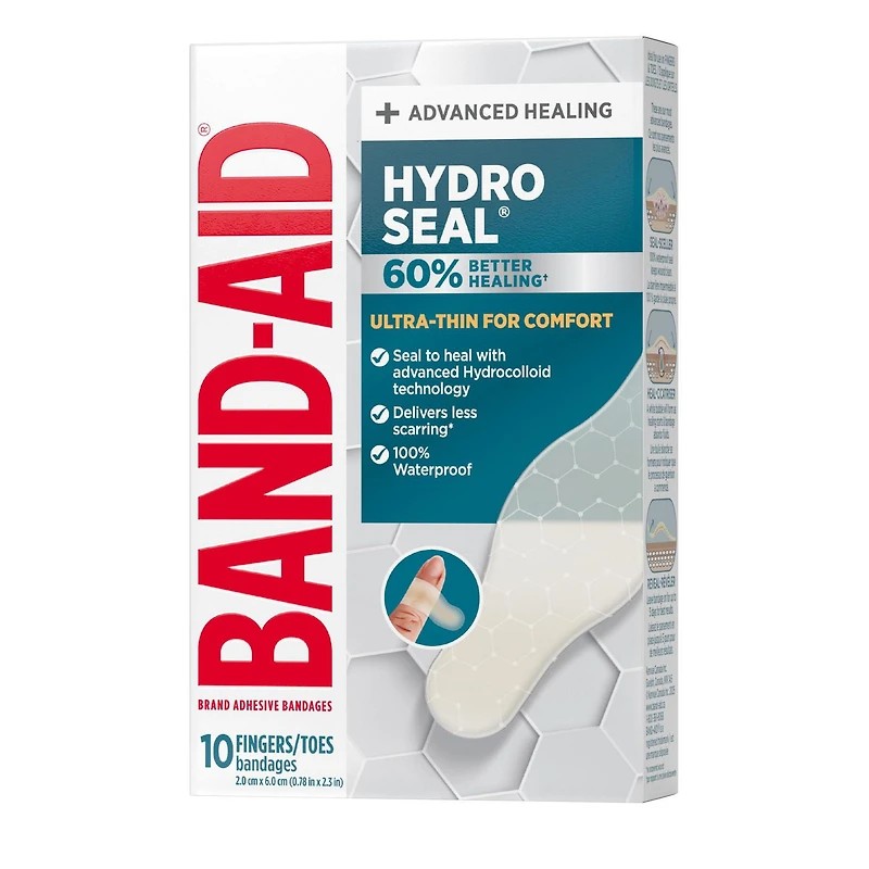 Pansements hydrocolloïdes ultraminces Hydro Seal de marque Band-Aid pour une cicatrisation avancée, pansements adhésifs 100 % imperméables pour la protection des plaies, doigts et orteils, 10 unités