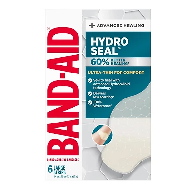 Pansements hydrocolloïdes ultraminces Hydro Seal de marque Band-Aid pour une cicatrisation avancée, pansements adhésifs 100 % imperméables pour la protection des plaies, grande taille, 6 unités