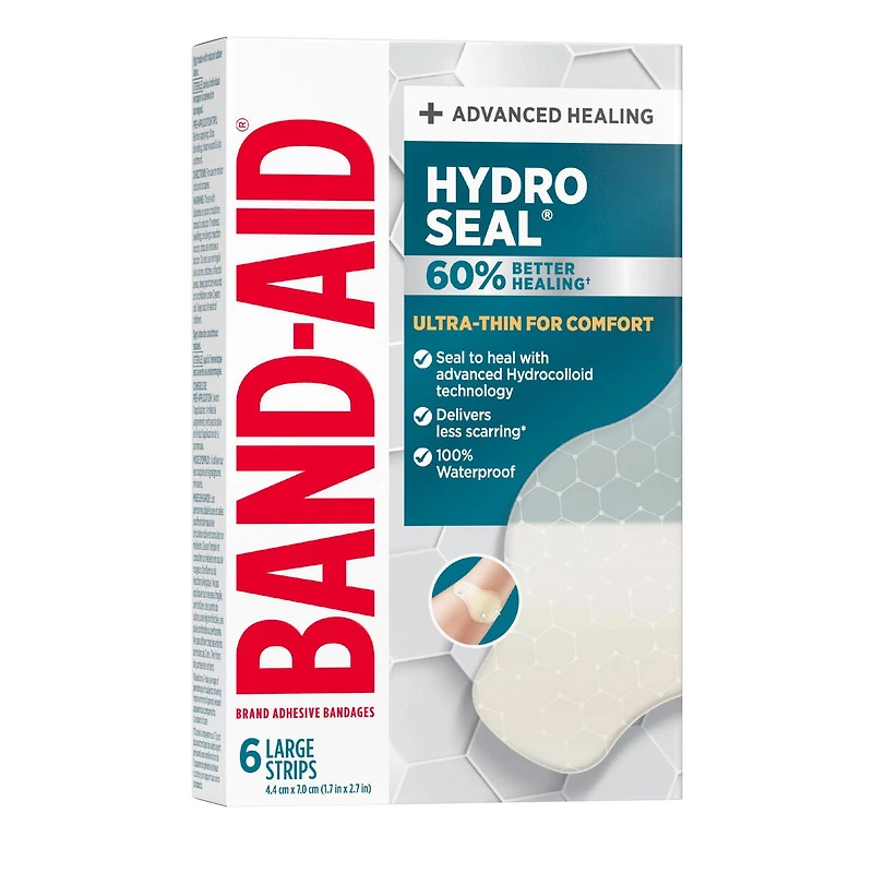 Pansements hydrocolloïdes ultraminces Hydro Seal de marque Band-Aid pour une cicatrisation avancée, pansements adhésifs 100 % imperméables pour la protection des plaies, grande taille, 6 unités