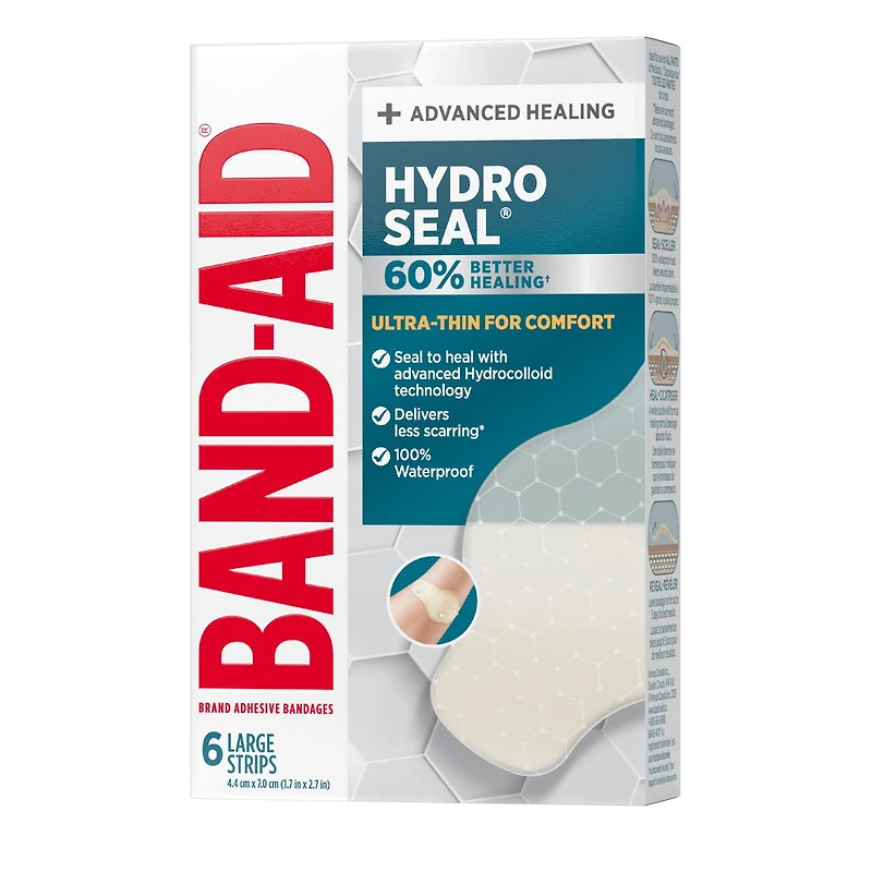 Band-Aid Brand Hydro Seal Ultra-Thin Hydrocolloid Bandages for Advanced Healing, 100% Waterproof Adhesive Bandages for Wound Protection , Large Size, 6 count