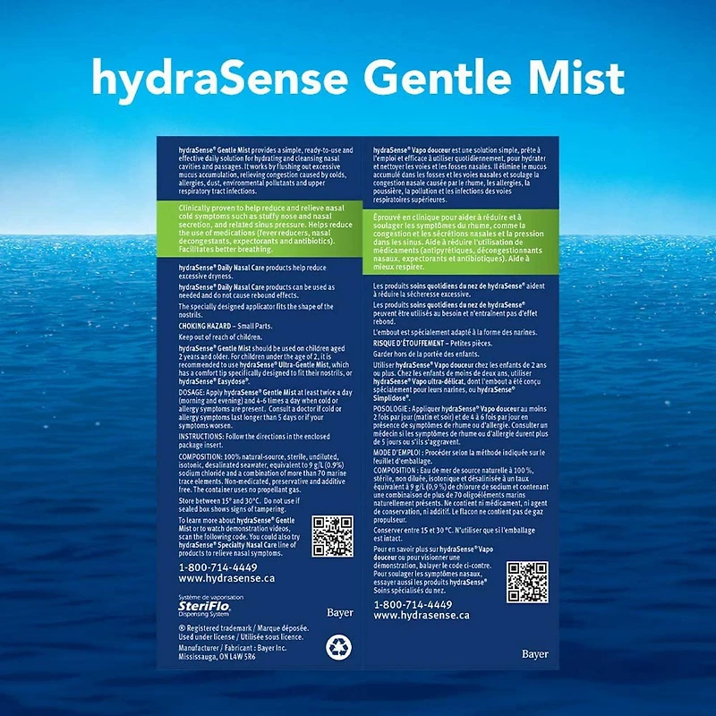 Vaporisateur nasal hydraSense Vapo douceur, Soins quotidiens du nez, eau de mer de source naturelle à 100 %, sans agent de conservation