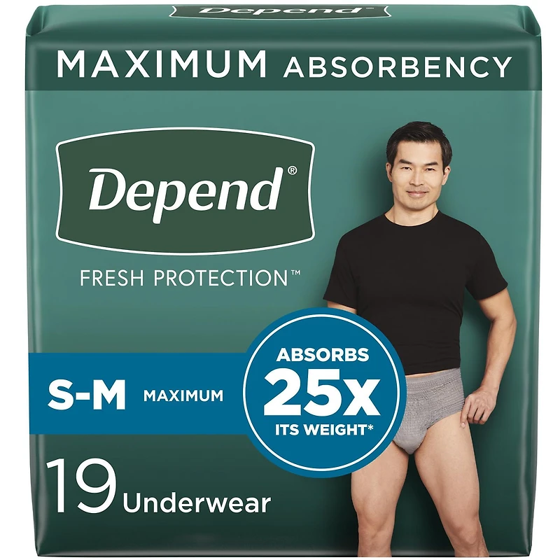Depend Fresh Protection Incontinence Underwear for Men, Maximum, S/M - XL, Grey, 17 - 19 Count