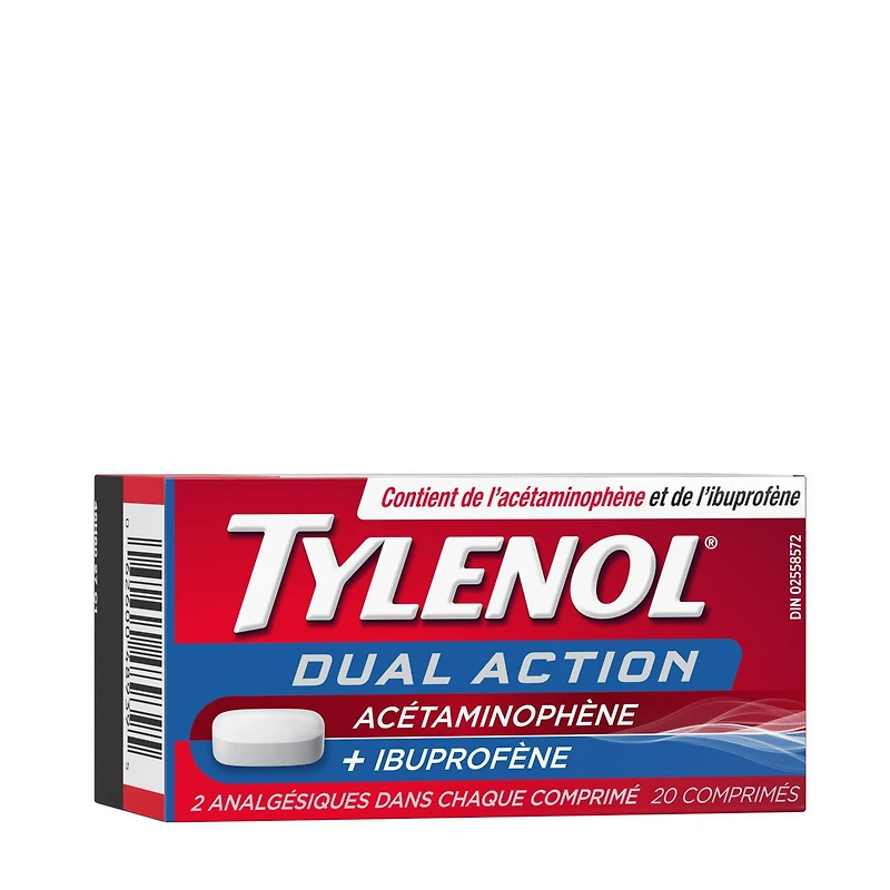 Comprimés antidouleur Tylenol, Double action, acétaminophène + ibuprofène, 250 mg d’acétaminophène, 125 mg d’ibuprofène, fièvre, douleurs musculaires
