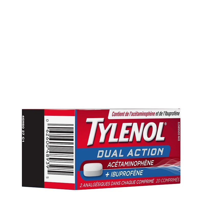 Comprimés antidouleur Tylenol, Double action, acétaminophène + ibuprofène, 250 mg d’acétaminophène, 125 mg d’ibuprofène, fièvre, douleurs musculaires