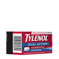Comprimés antidouleur Tylenol, Double action, acétaminophène + ibuprofène, 250 mg d’acétaminophène, 125 mg d’ibuprofène, fièvre, douleurs musculaires
