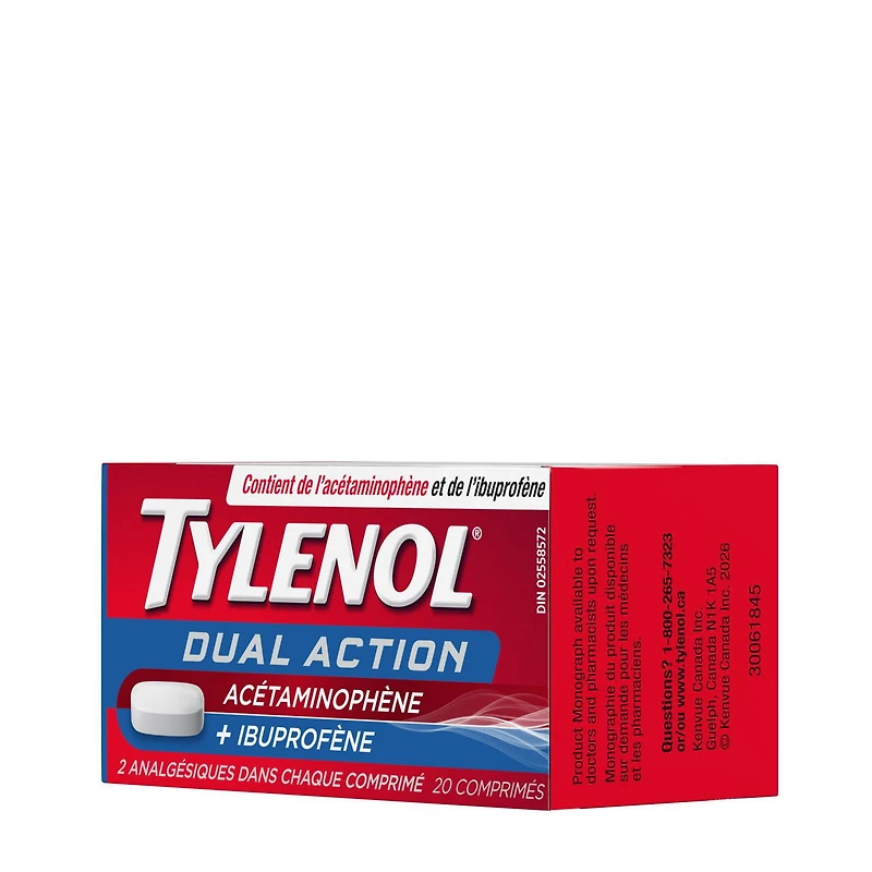 Tylenol Dual Action Acetaminophen + Ibuprofen Pain Reliever Tablets, 250mg Acetaminophen, 125mg Ibuprofen, Fever, Muscle Pain
