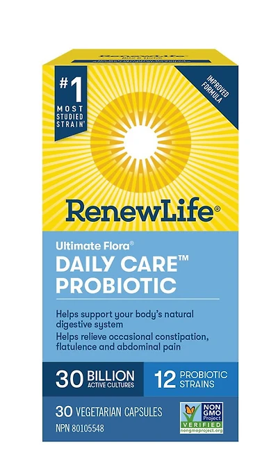 Renew Life® Ultimate Flora® Daily Care™ Probiotic, 30 Billion Active Cultures, 30 Vegetarian capsules, Support your digestive health.
