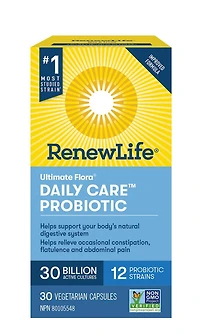 Renew Life® Ultimate Flora® Daily Care™ Probiotic, 30 Billion Active Cultures, 30 Vegetarian capsules, Support your digestive health.