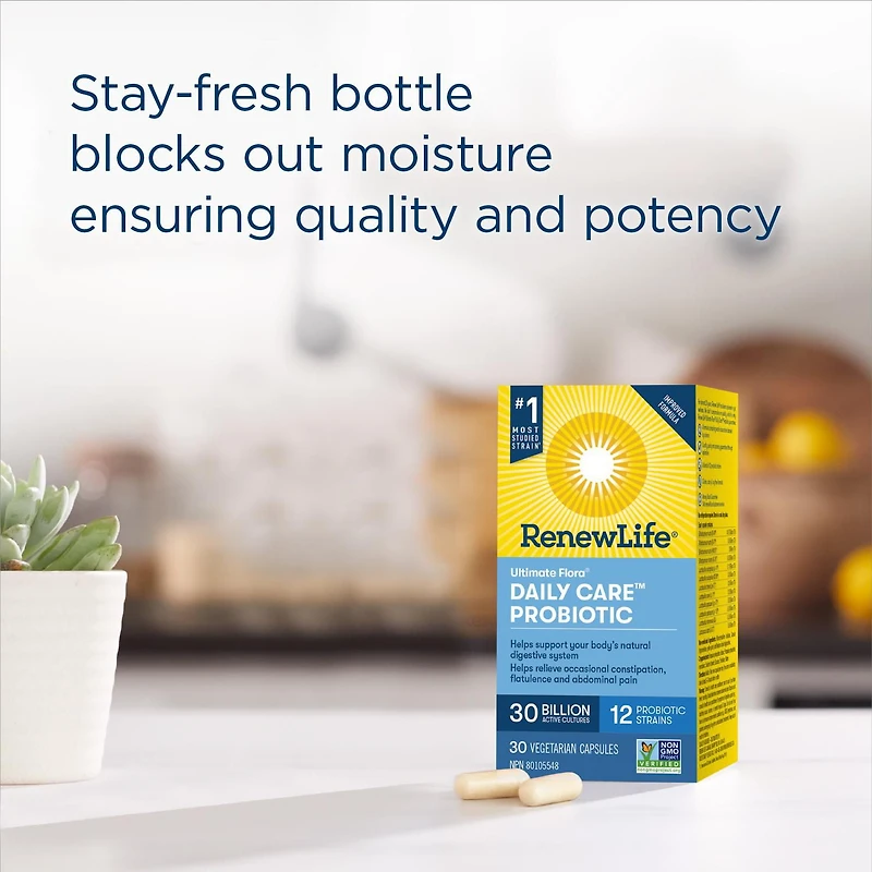 Renew Life® Ultimate Flora® Daily Care™ Probiotic, 30 Billion Active Cultures, 30 Vegetarian capsules, Support your digestive health.