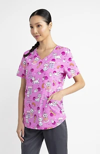 Haut médical imprimé à encolure en V pour femmes Scrubstar – Collection mode, motif « Cat-puccino », tailles TP 3TG