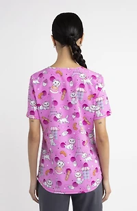 Haut médical imprimé à encolure en V pour femmes Scrubstar – Collection mode, motif « Cat-puccino », tailles TP 3TG