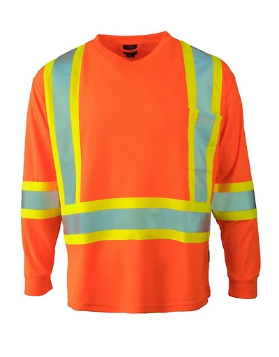 Forcefield Hi Vis V-Neck Long Sleeve Safety Tee, Sizes M-2XL